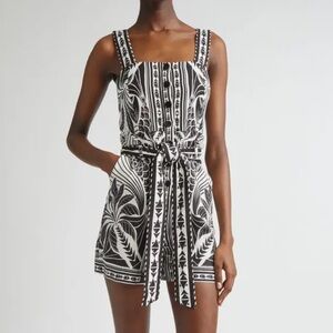 Farm Rio Monochrome Elegance Scarf Print Belted Linen Blend Romper Size L